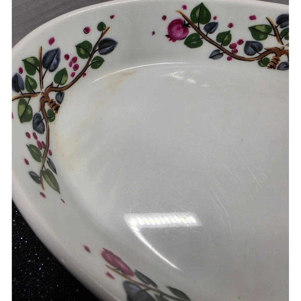 Vintage Oval Ceramic Baking Dish Fruit Vine Pomegranate White 12 Inch Casserole
